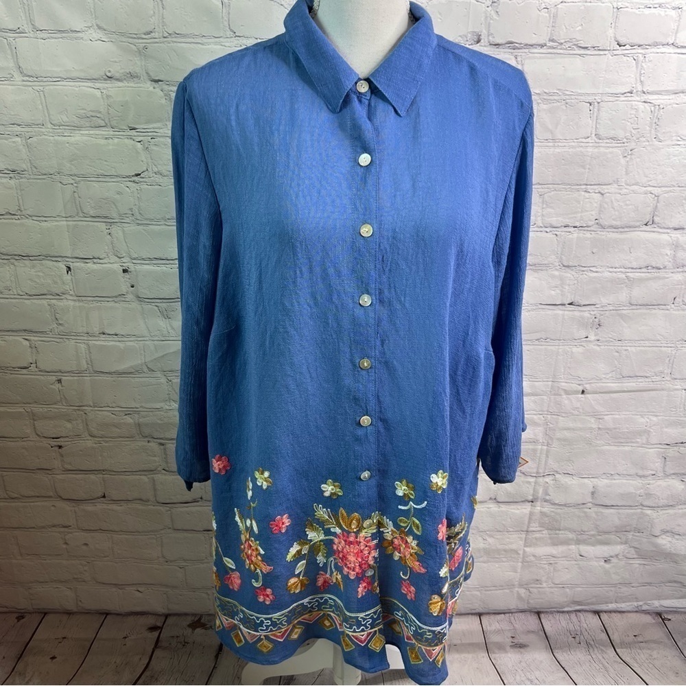 Fig and Flower Embroidered Blue Blouse Top 2X